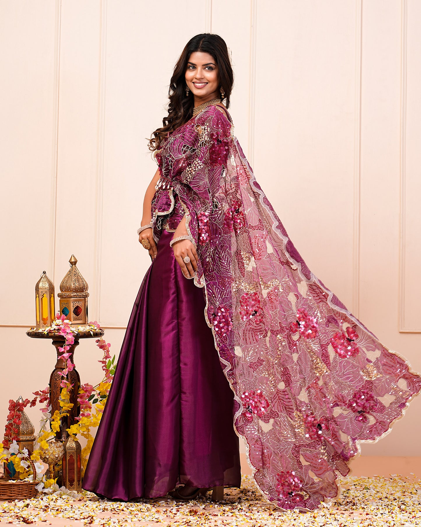 Raspberry Heavy Cutwork Hand Embroidered Blouse And Palla With Pre-Drape Saree Belt Set