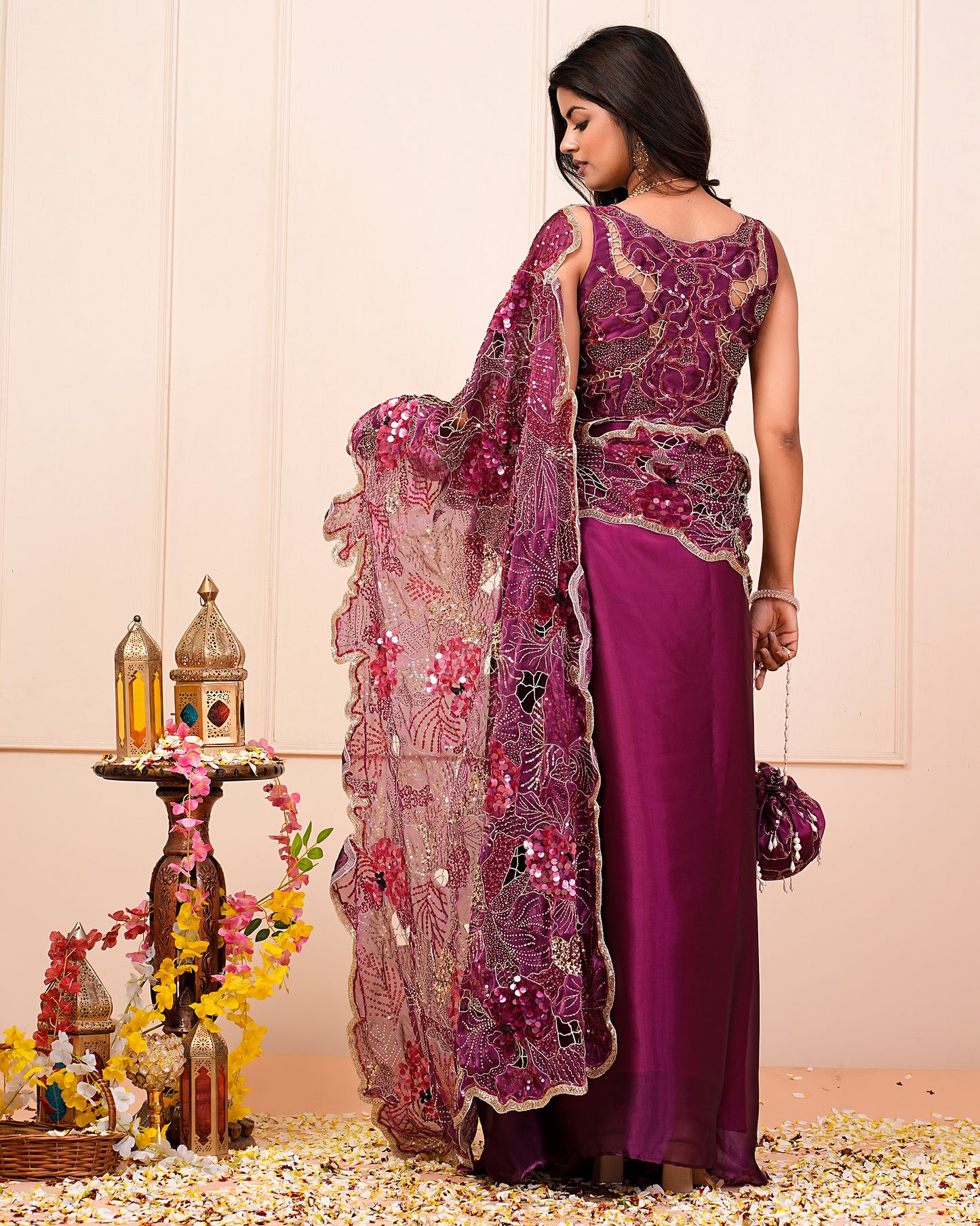 Raspberry Heavy Cutwork Hand Embroidered Blouse And Palla With Pre-Drape Saree Belt Set
