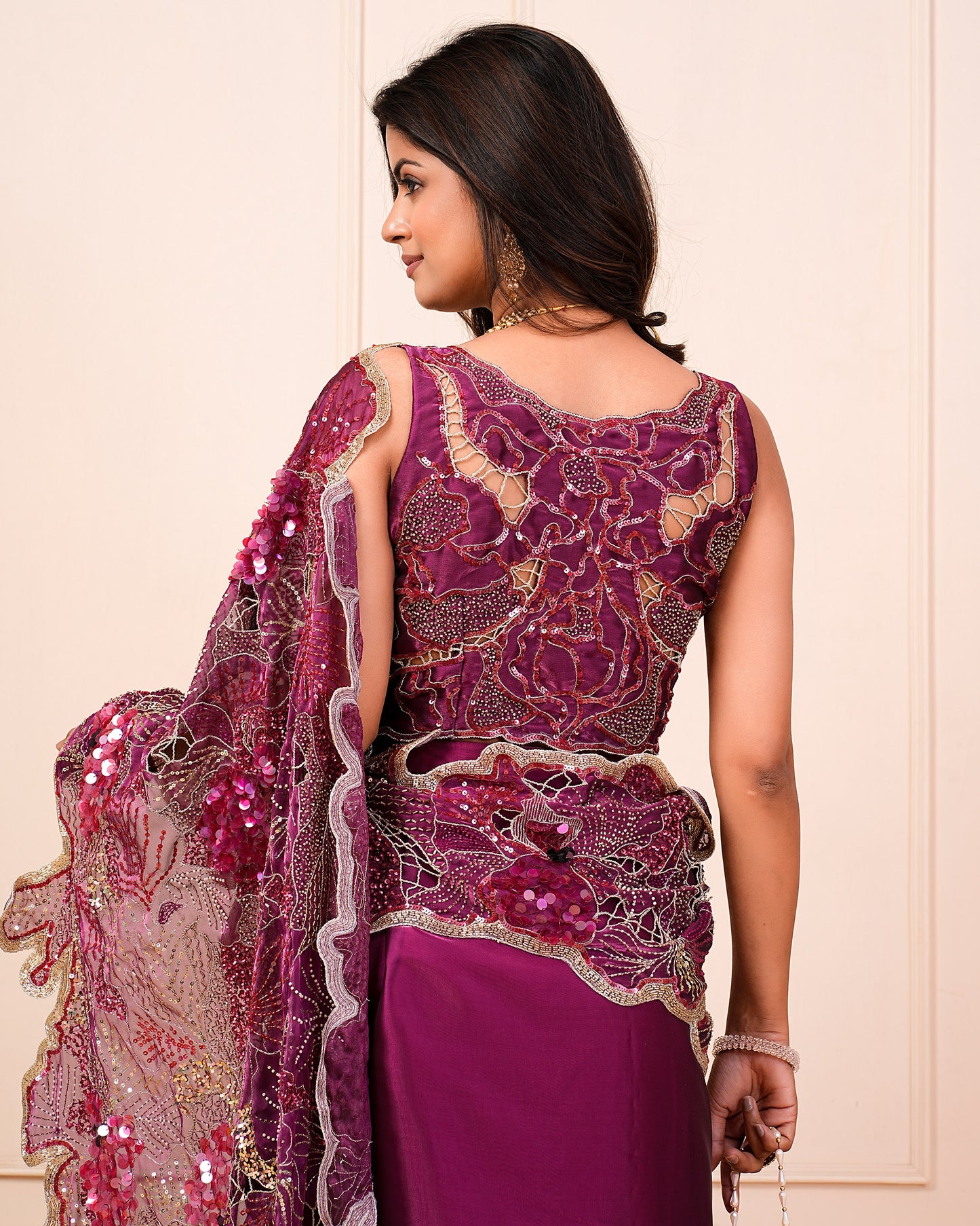 Raspberry Heavy Cutwork Hand Embroidered Blouse And Palla With Pre-Drape Saree Belt Set