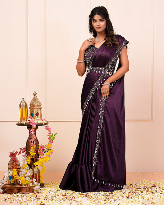 Blackberry Wine Hand Embroidered Choli With Pre Drape Saree Belt Set