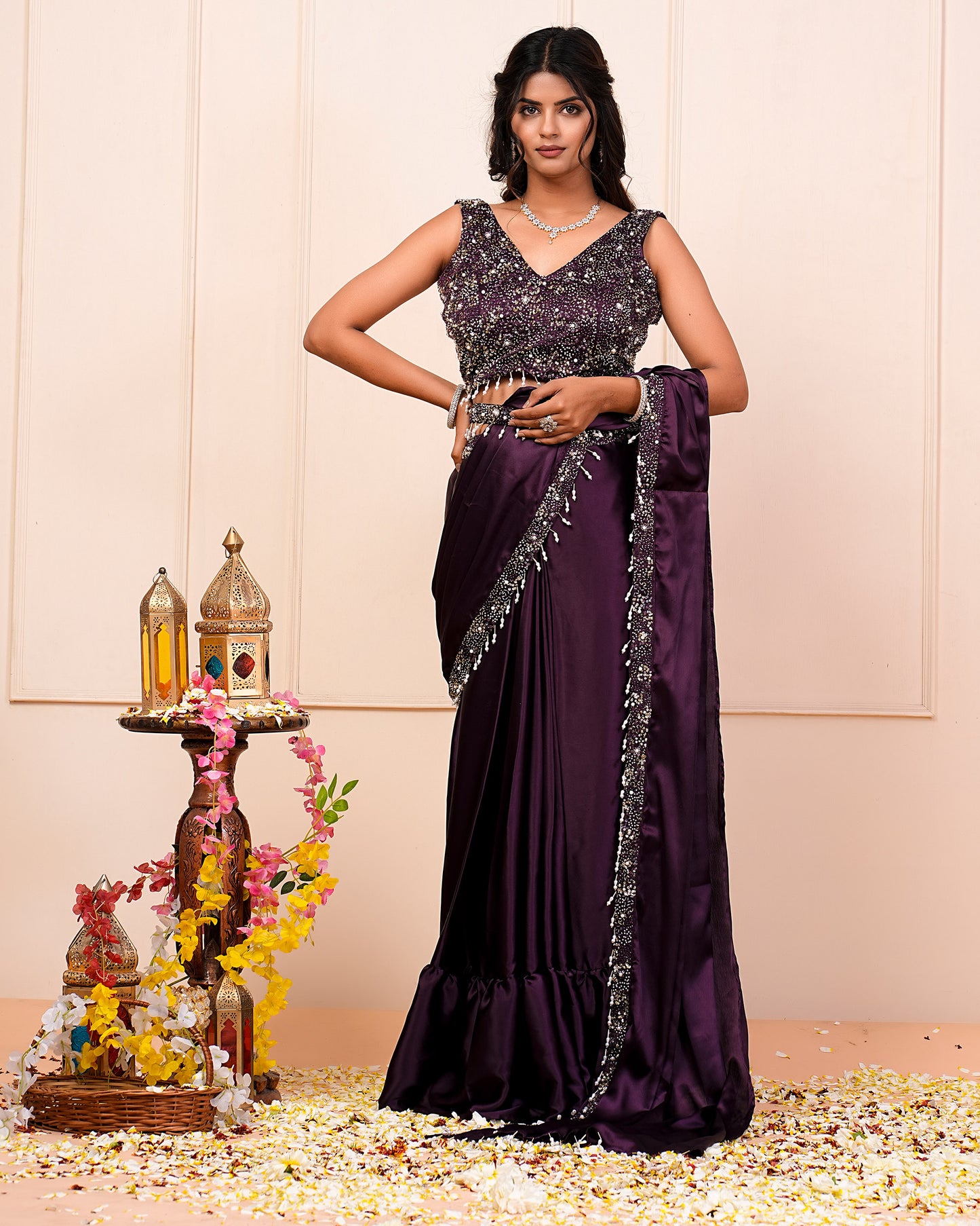 Blackberry Wine Hand Embroidered Choli With Pre Drape Saree Belt Set