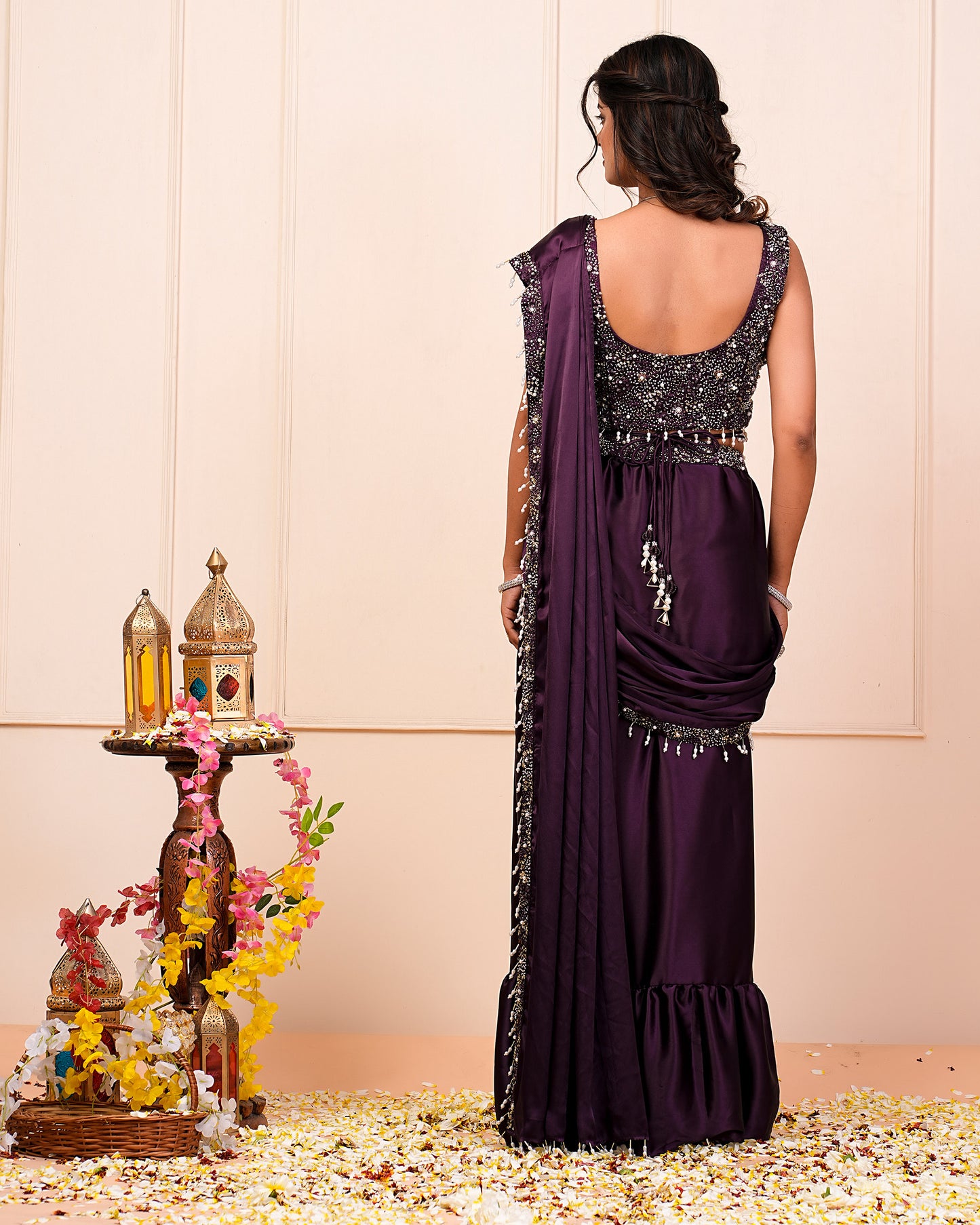 Blackberry Wine Hand Embroidered Choli With Pre Drape Saree Belt Set