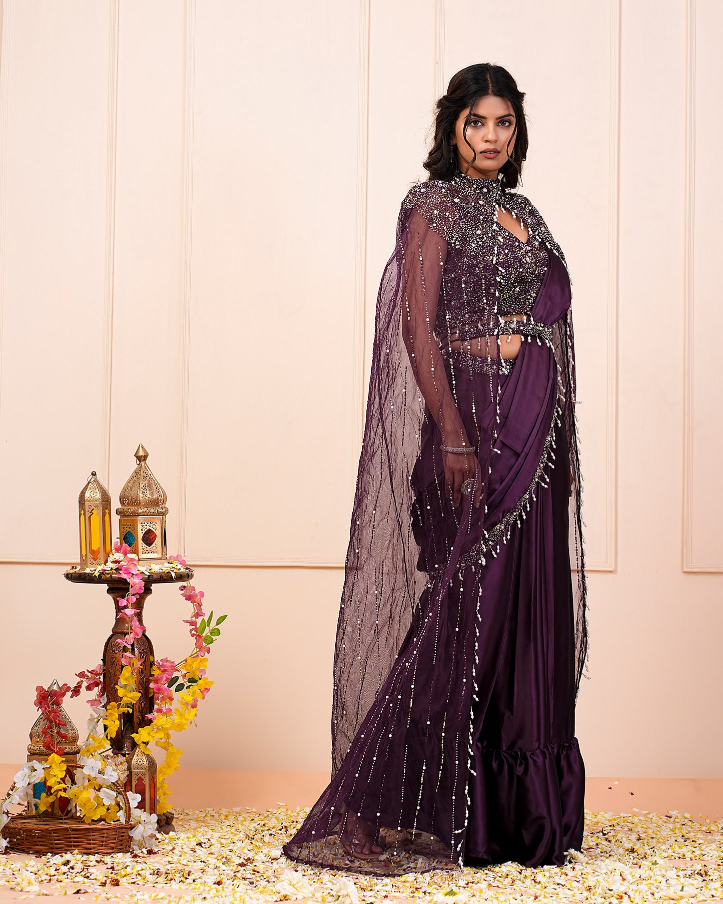 Blackberry Wine Hand Embroidered Choli With Pre Drape Saree Jacket Belt Set