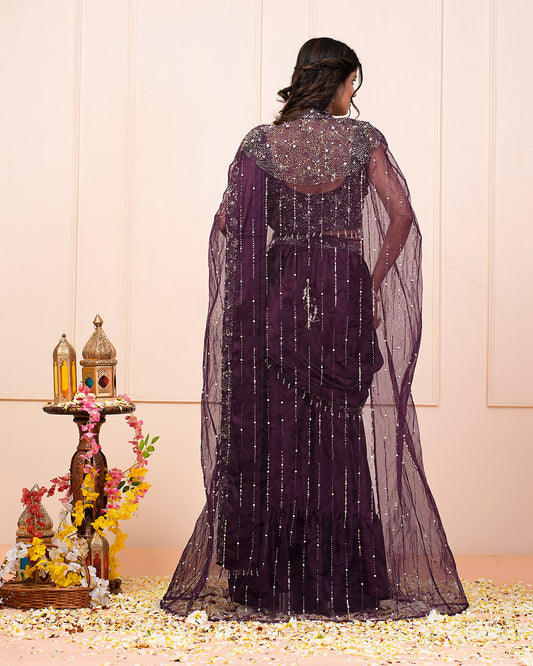 Blackberry Wine Hand Embroidered Choli With Pre Drape Saree Jacket Belt Set