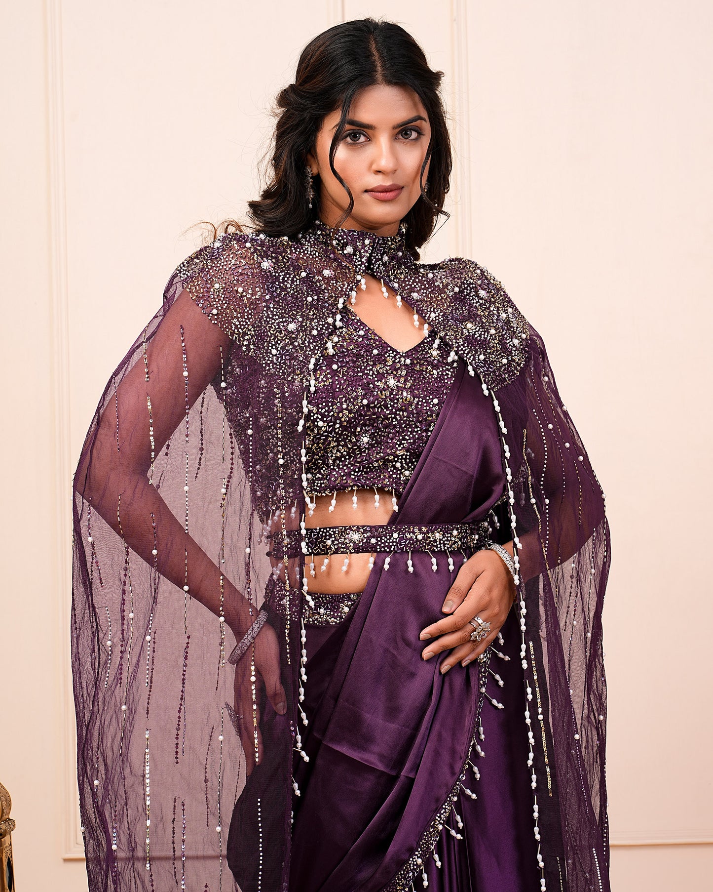 Blackberry Wine Hand Embroidered Choli With Pre Drape Saree Jacket Belt Set