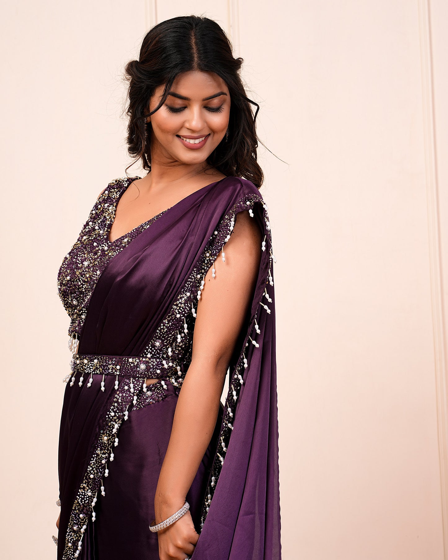 Blackberry Wine Hand Embroidered Choli With Pre Drape Saree Belt Set