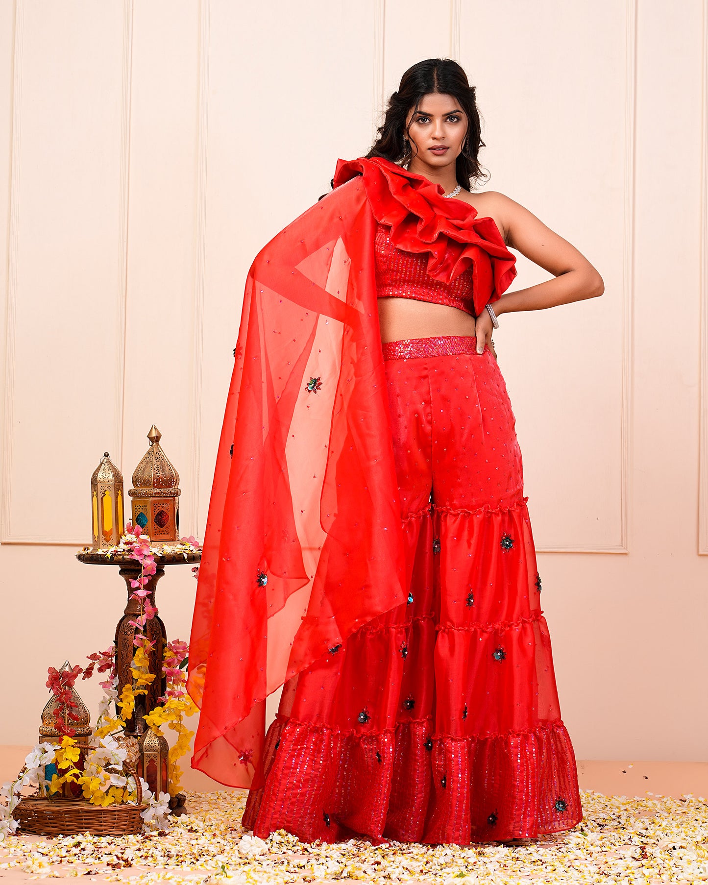 Fiery Red One-Off Shoulder Ruffled Blouse With Layered Bottoms