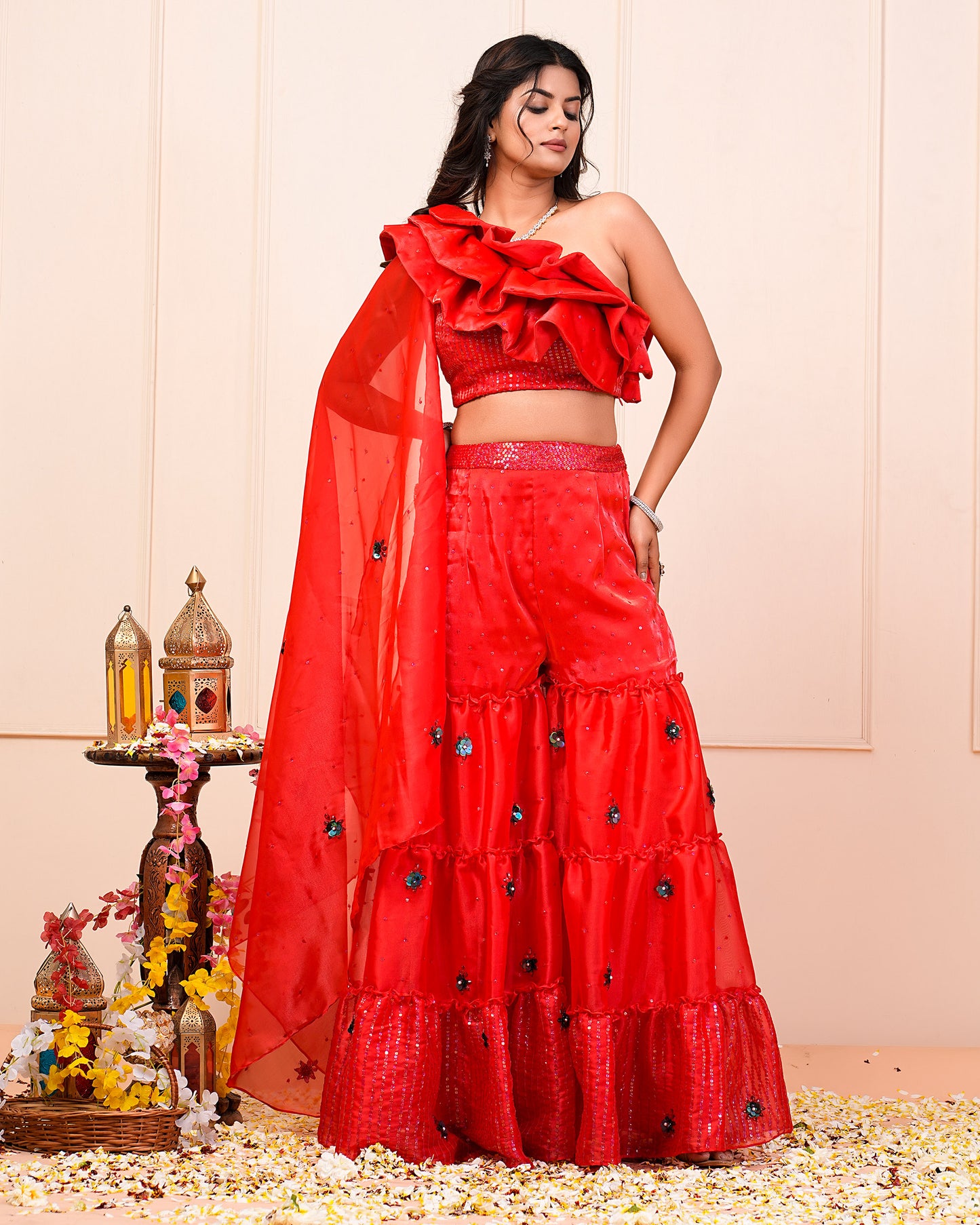 Fiery Red One-Off Shoulder Ruffled Blouse With Layered Bottoms