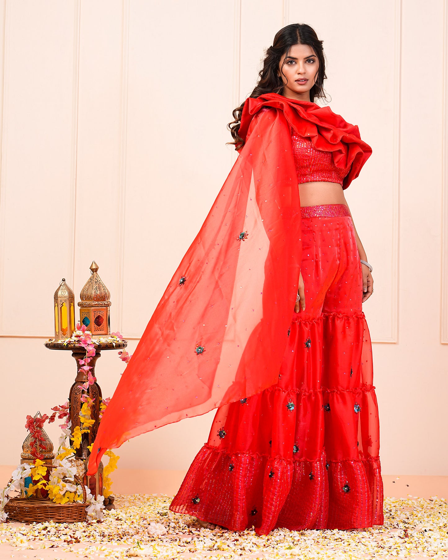 Fiery Red One-Off Shoulder Ruffled Blouse With Layered Bottoms