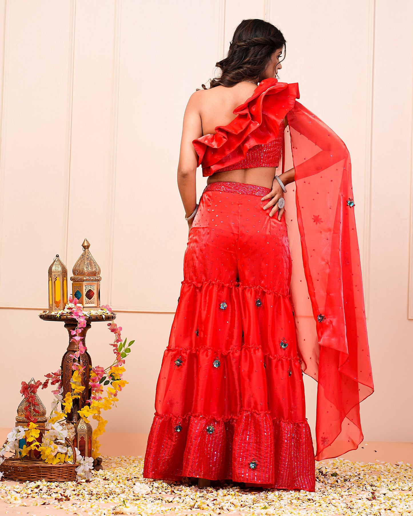 Fiery Red One-Off Shoulder Ruffled Blouse With Layered Bottoms
