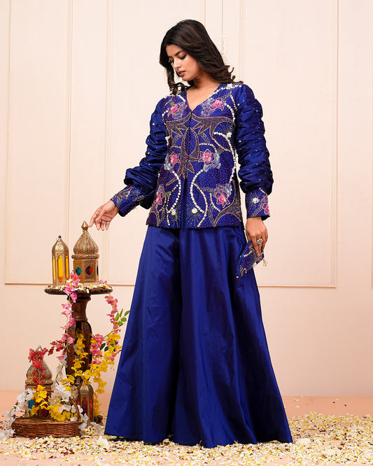 Blue Heavy Hand Embroidered Kurta With Palazzo Pant Set