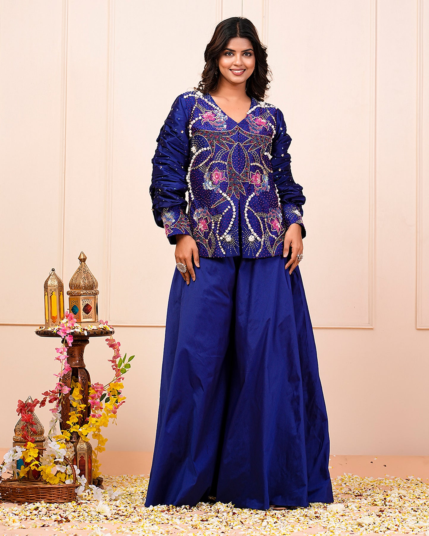Blue Heavy Hand Embroidered Kurta With Palazzo Pant Set