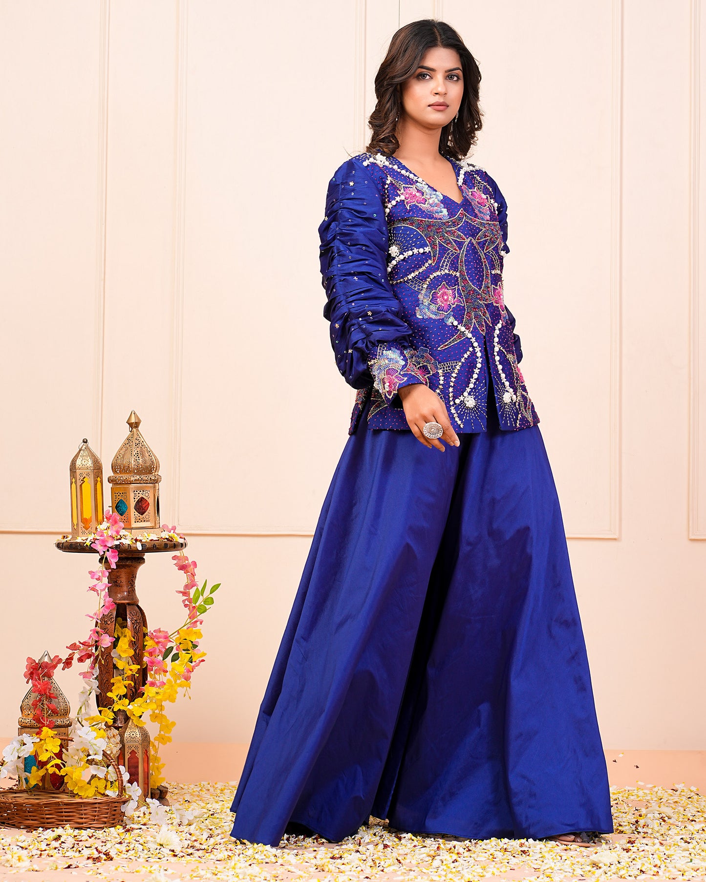 Blue Heavy Hand Embroidered Kurta With Palazzo Pant Set