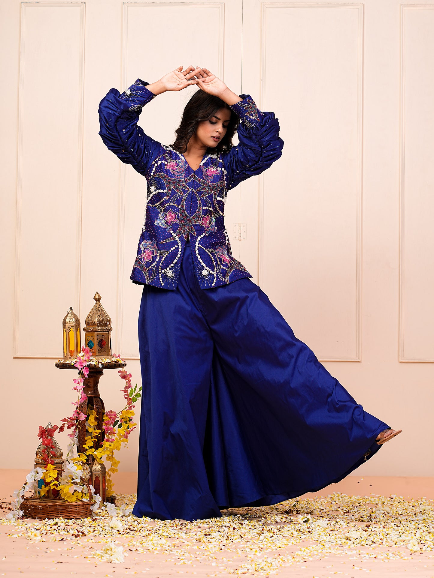 Blue Heavy Hand Embroidered Kurta With Palazzo Pant Set