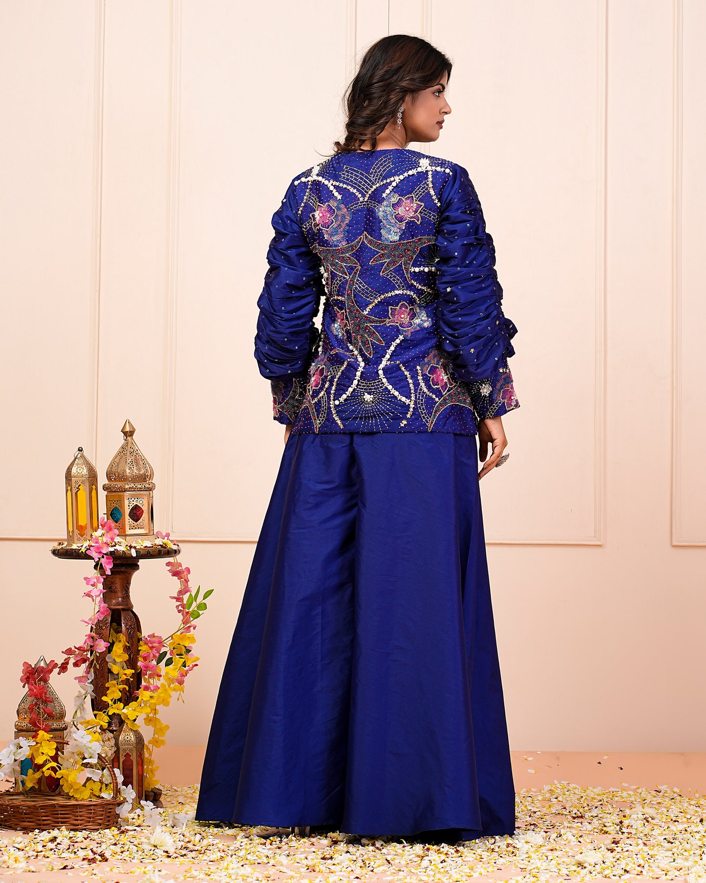 Blue Heavy Hand Embroidered Kurta With Palazzo Pant Set