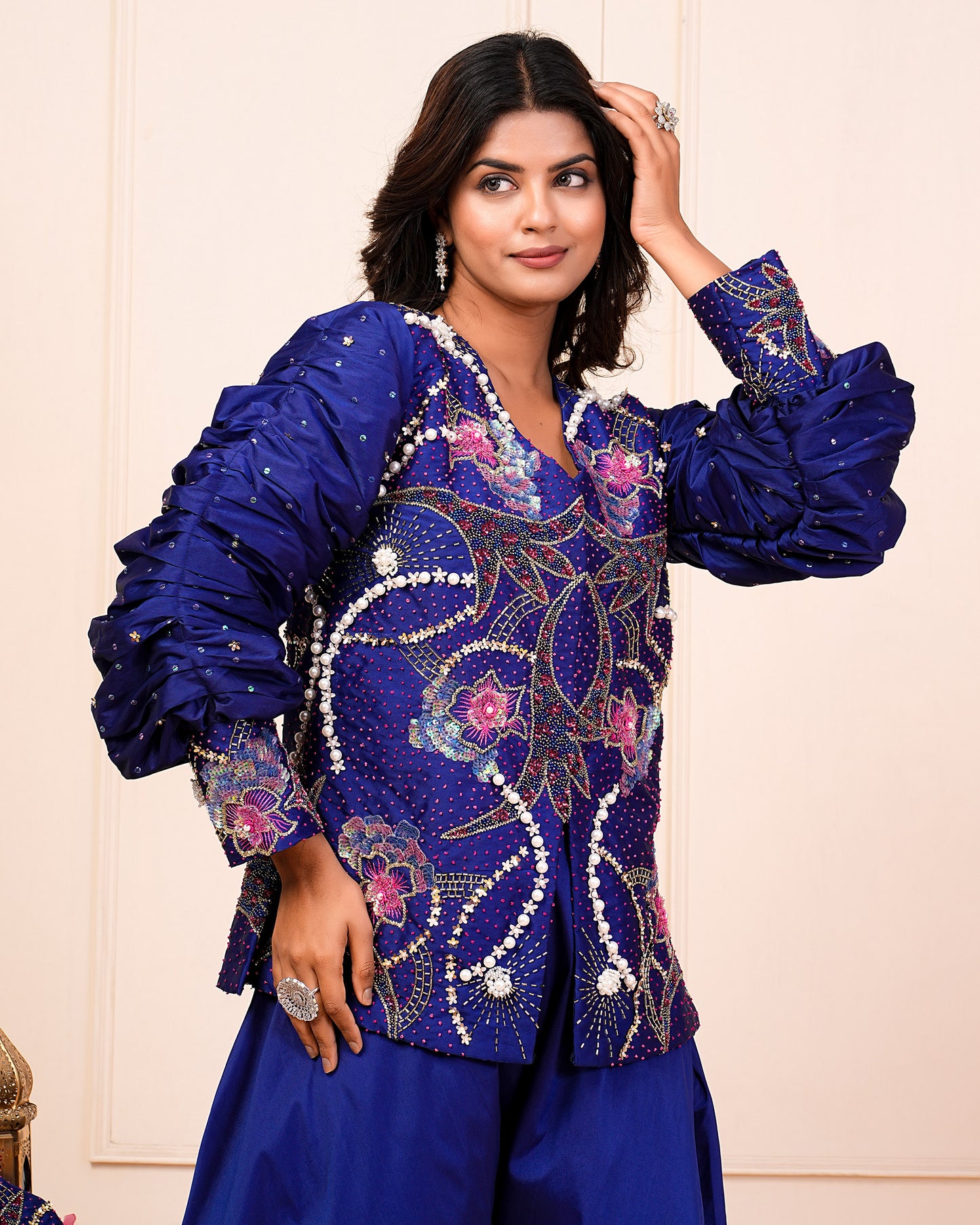 Blue Heavy Hand Embroidered Kurta With Palazzo Pant Set