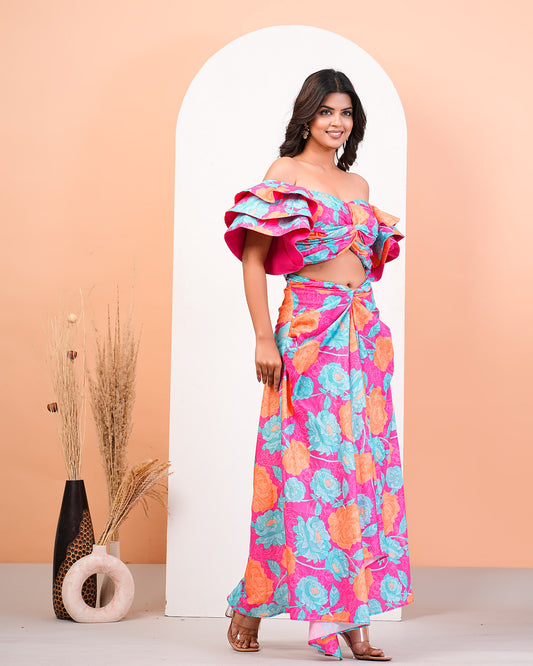 Hot Pink Floral Printed Ruffled Sleeves Top With Drape Skirt