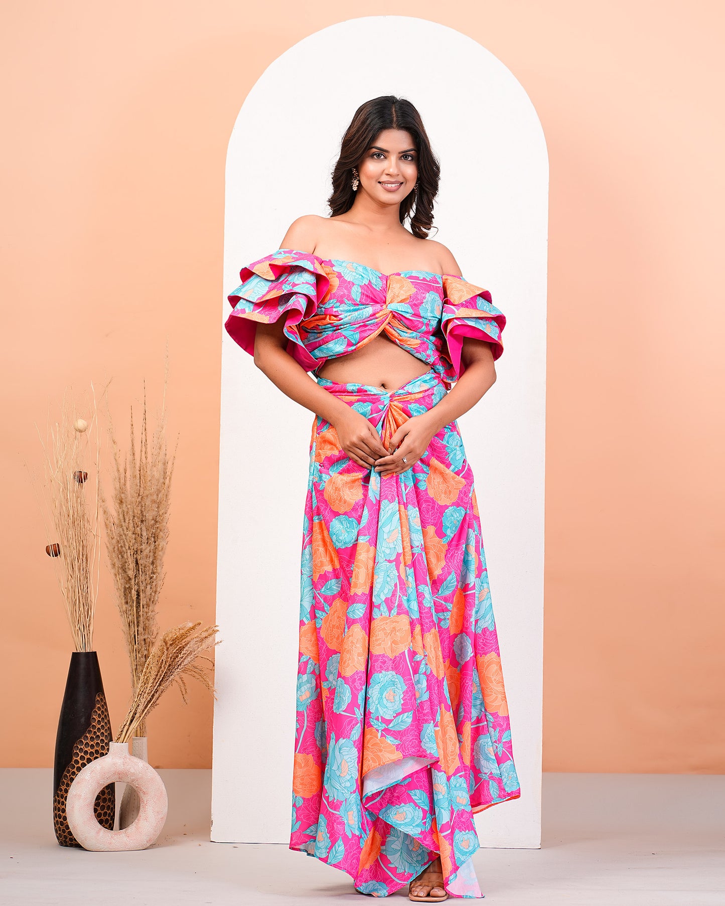 Hot Pink Floral Printed Ruffled Sleeves Top With Drape Skirt