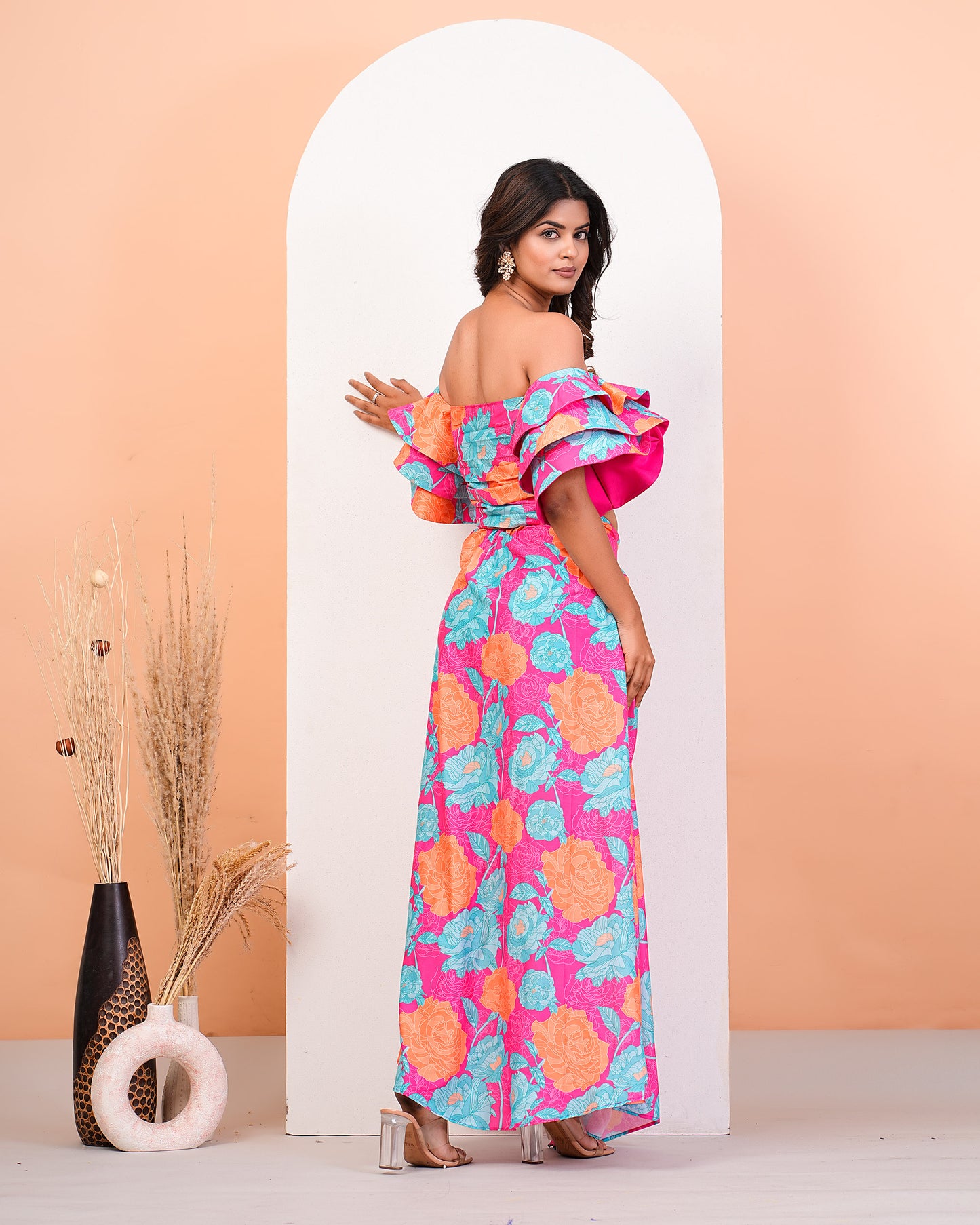 Hot Pink Floral Printed Ruffled Sleeves Top With Drape Skirt