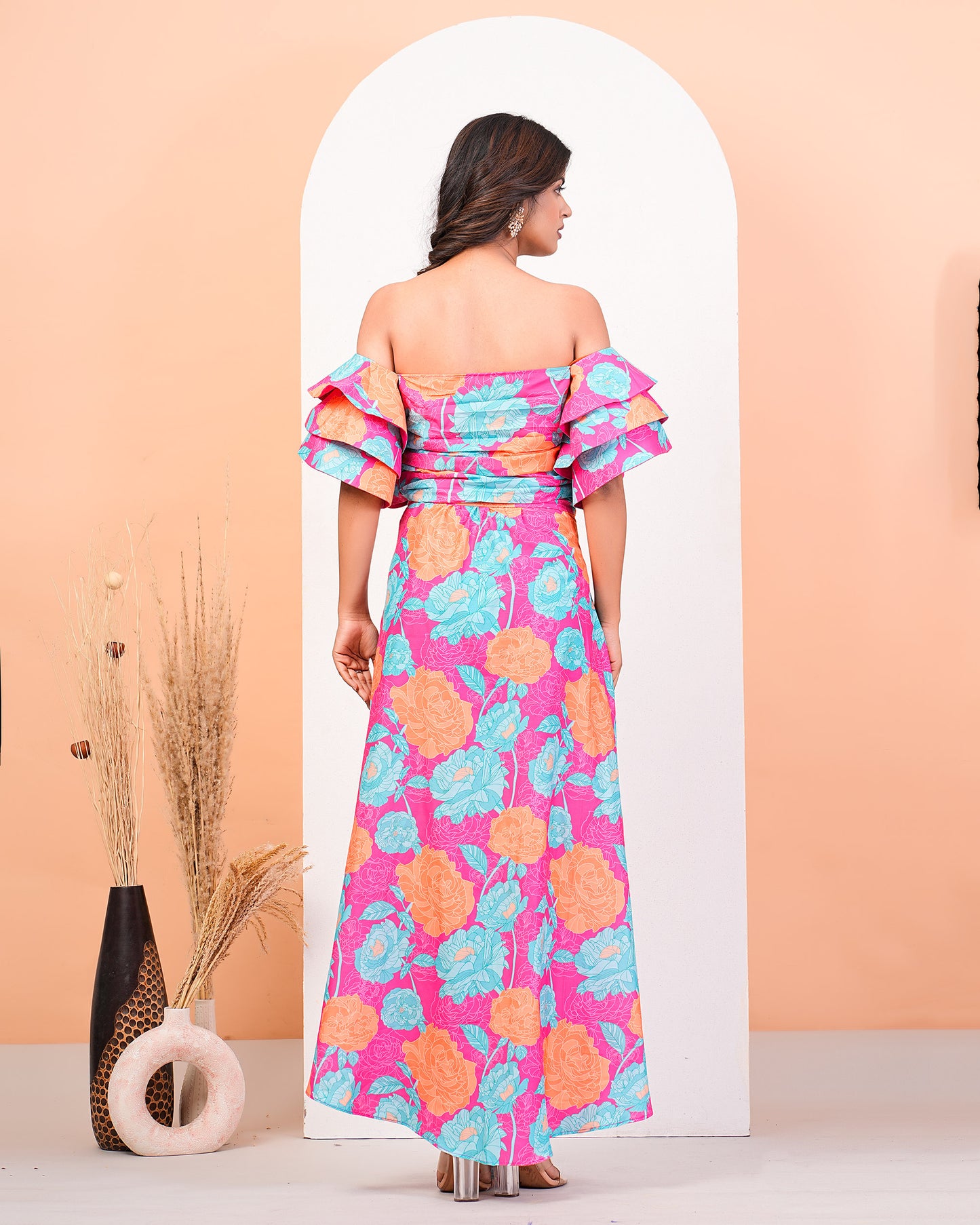 Hot Pink Floral Printed Ruffled Sleeves Top With Drape Skirt