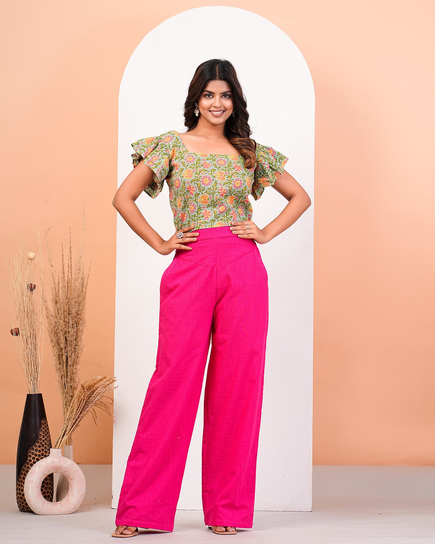 Floral Printed Top With Pink High Waist Pants