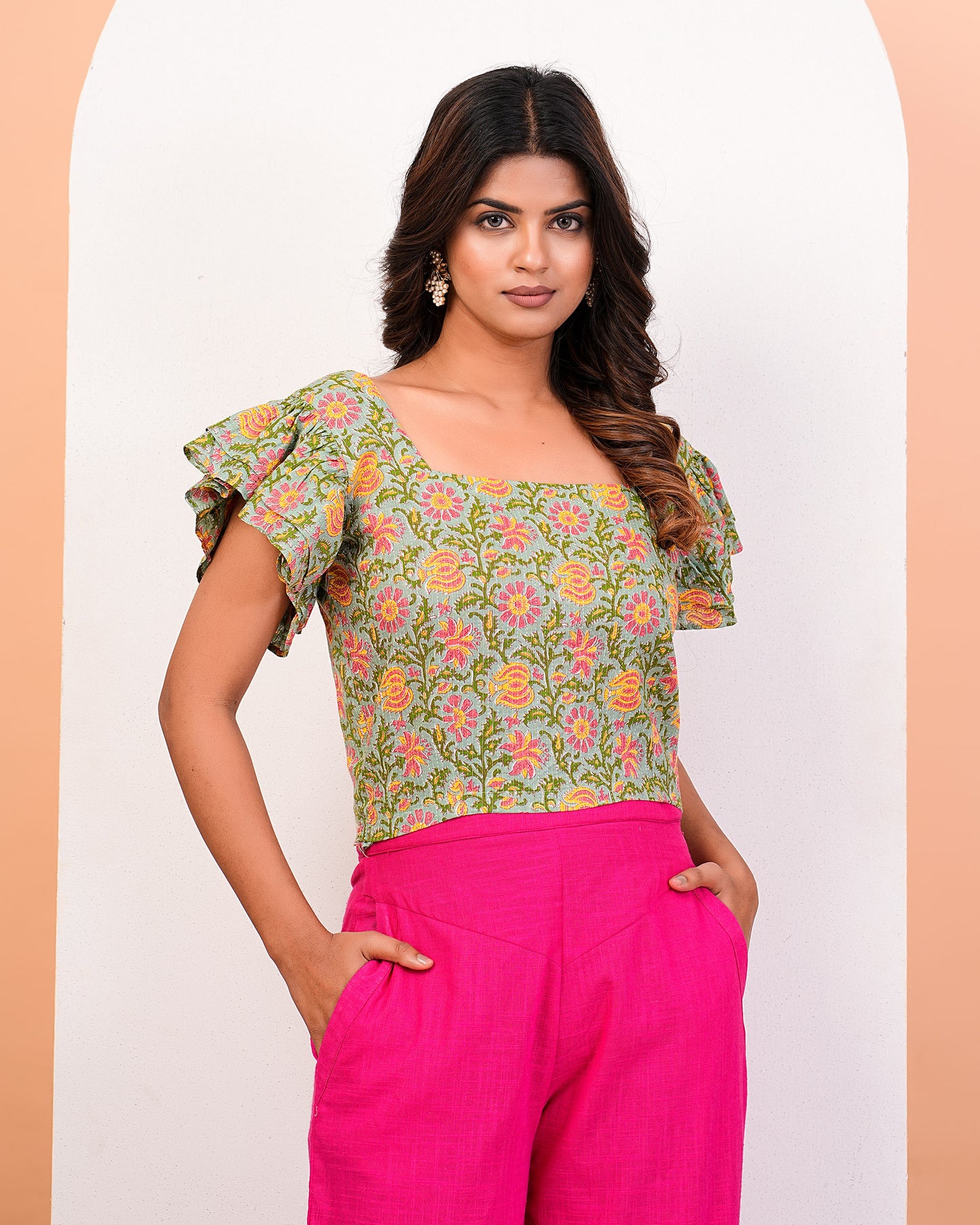 Floral Printed Top With Pink High Waist Pants
