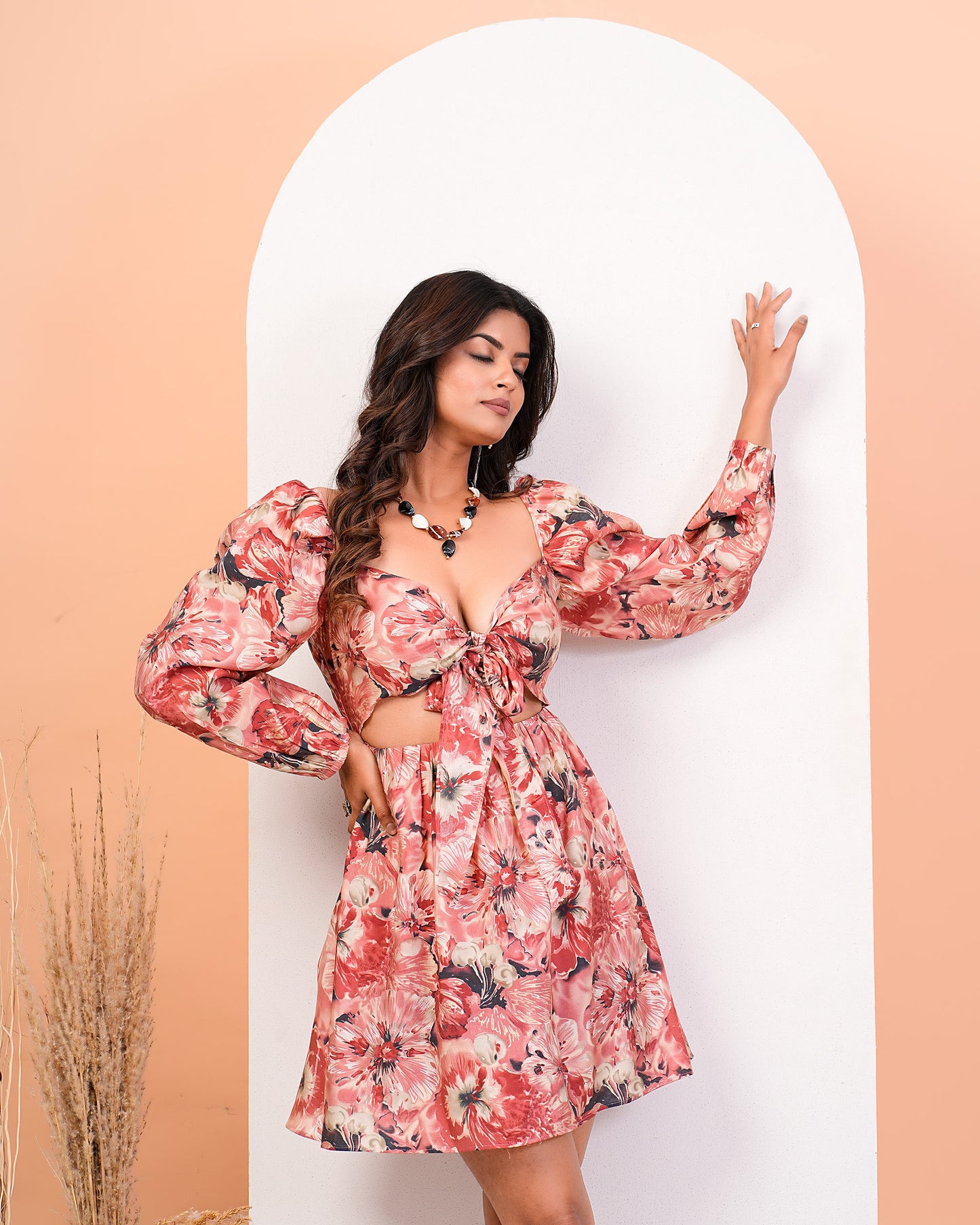 Apricot Blush Foil Floral Print With Front Tie-Up Dress