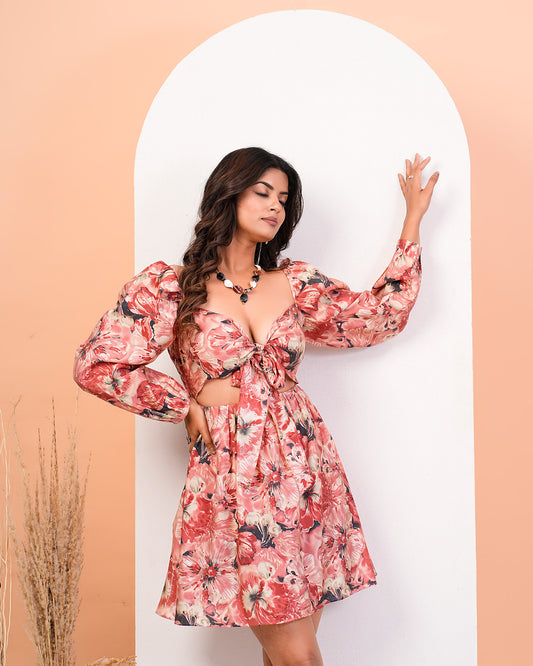 Apricot Blush Foil Floral Print With Front Tie-Up Dress