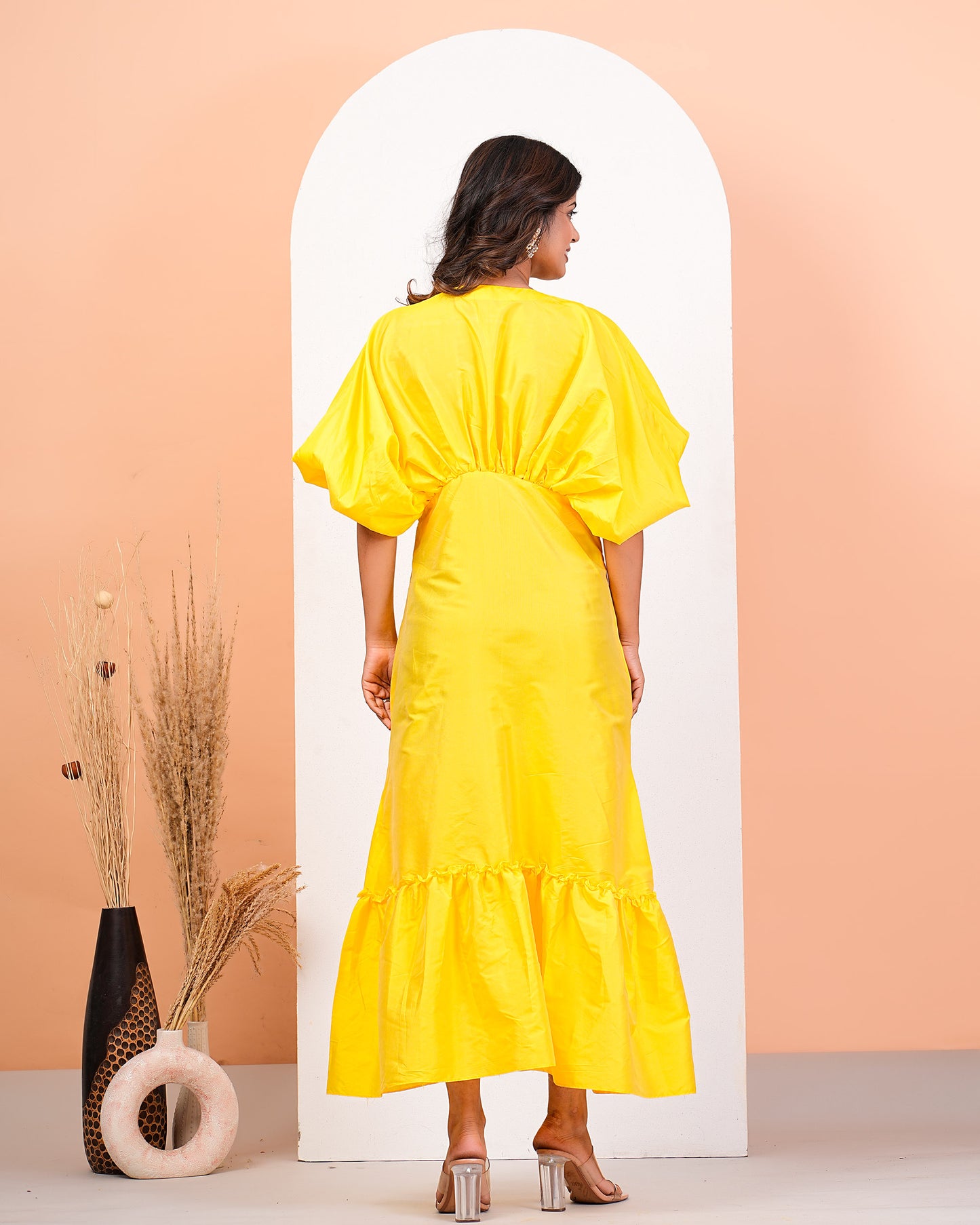 Bright Yellow Gathered Calf Length Dress With Pearl Buttons