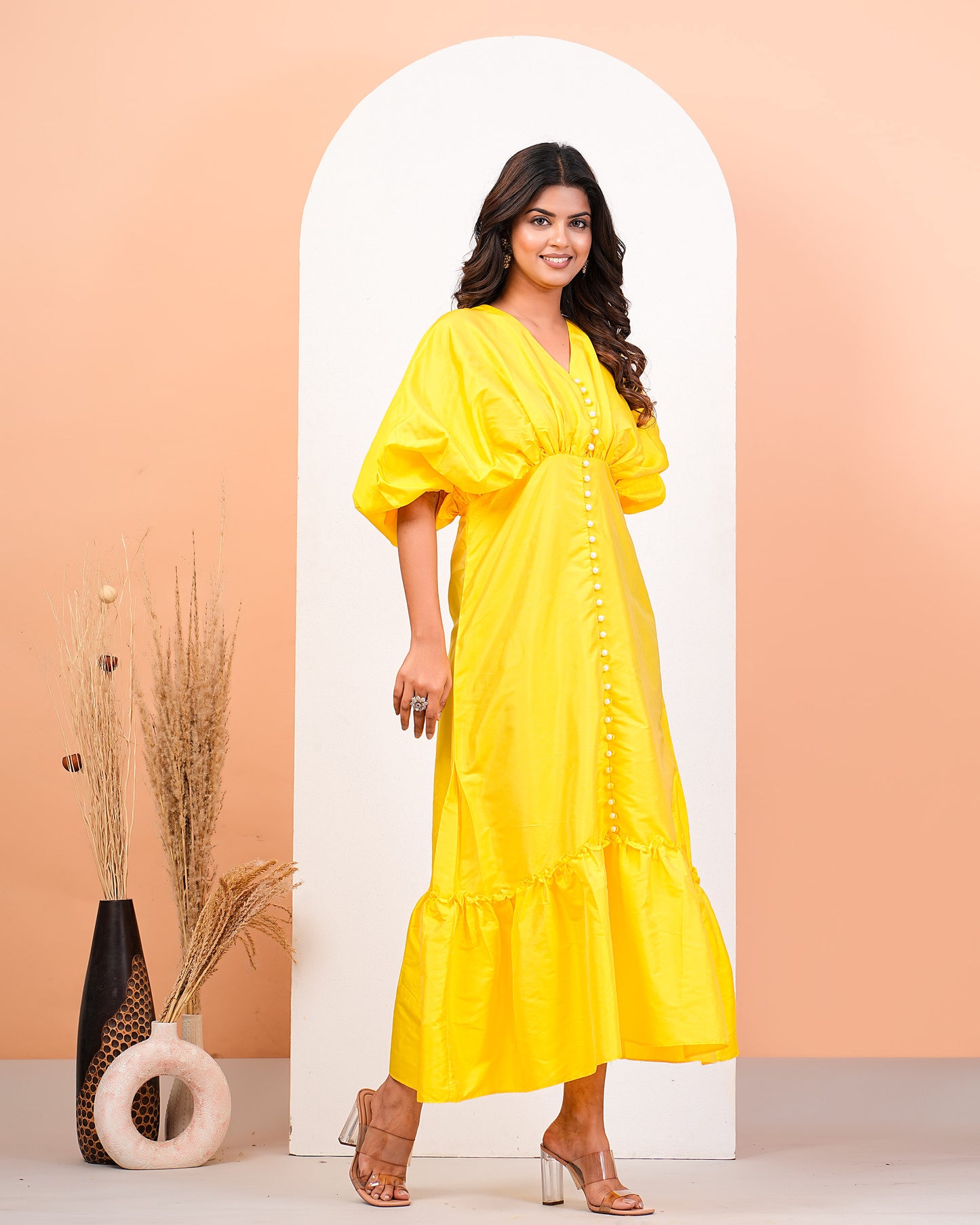 Bright Yellow Gathered Calf Length Dress With Pearl Buttons