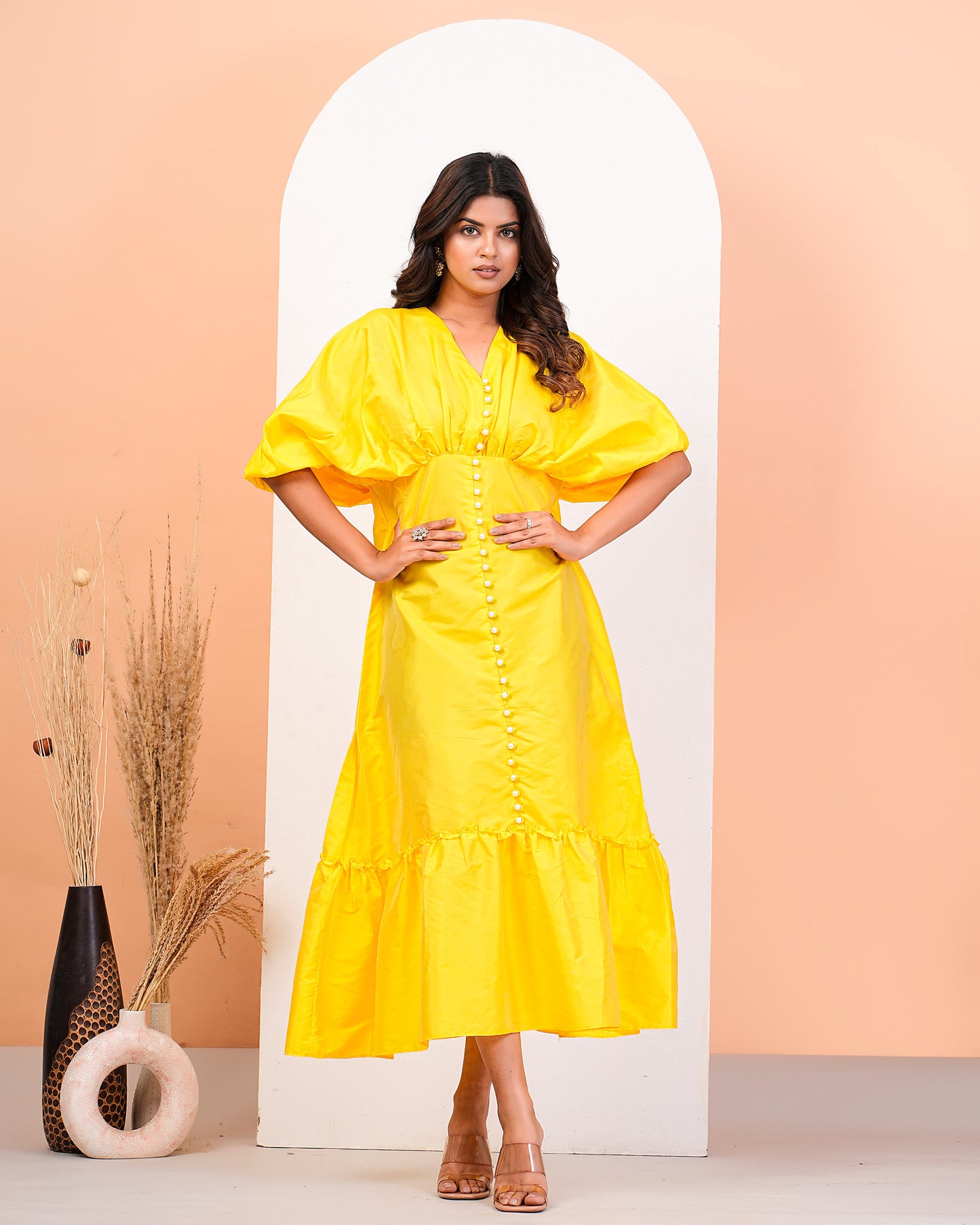 Bright Yellow Gathered Calf Length Dress With Pearl Buttons