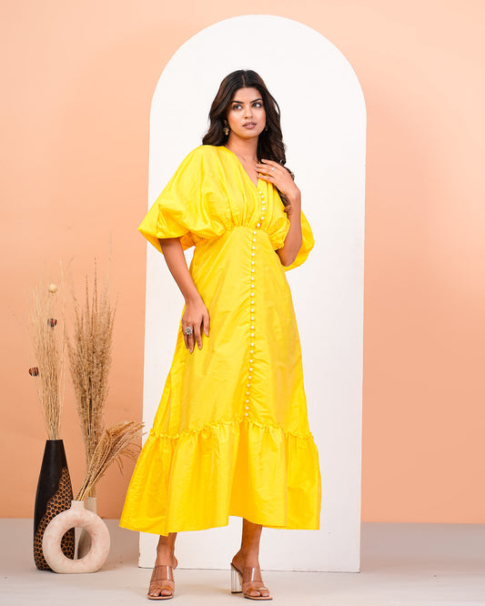 Bright Yellow Gathered Calf Length Dress With Pearl Buttons