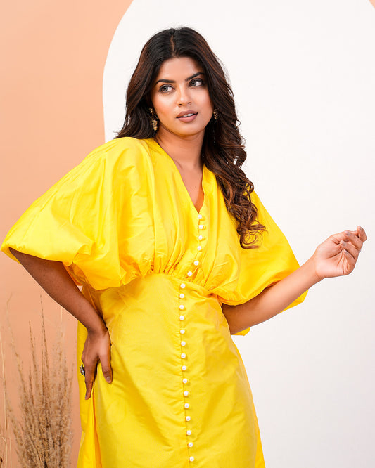 Bright Yellow Gathered Calf Length Dress With Pearl Buttons