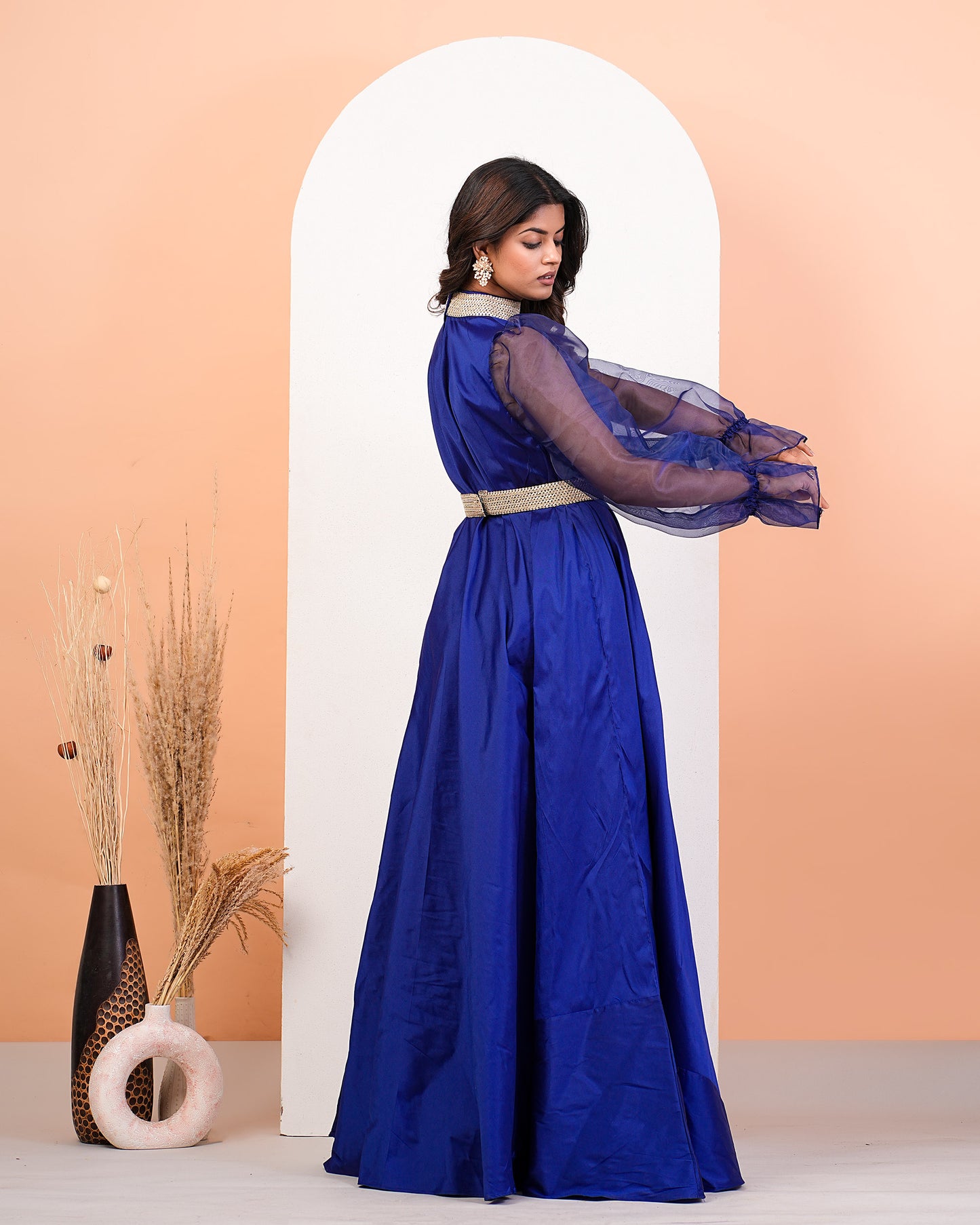 Hight Neck Reflax Blue Dress With Organza Puff Sleeves