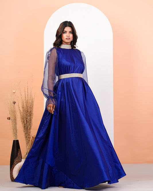 Hight Neck Reflax Blue Dress With Organza Puff Sleeves