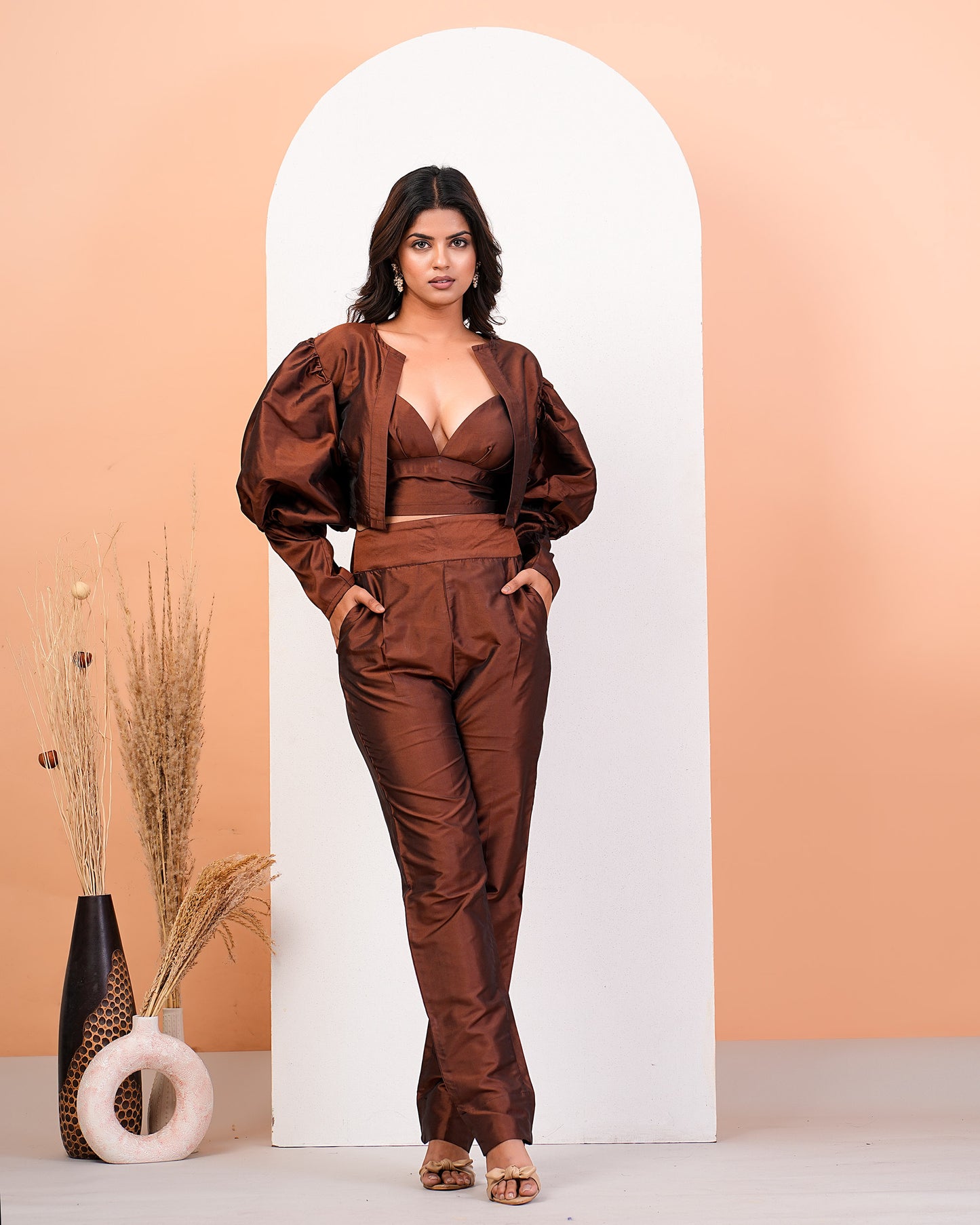 Earthen Brown Elegance Jacket Choli Pant Set