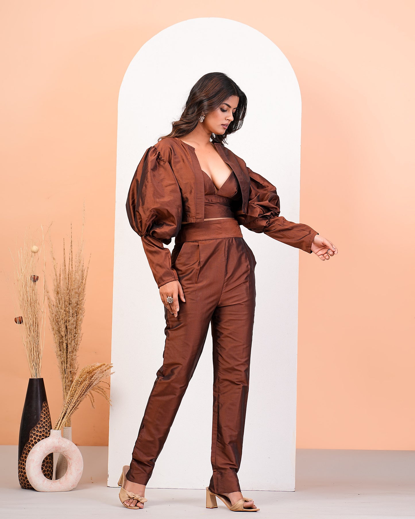 Earthen Brown Elegance Jacket Choli Pant Set