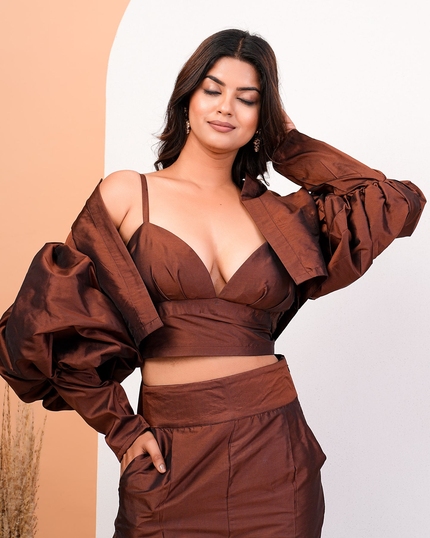 Earthen Brown Elegance Jacket Choli Pant Set