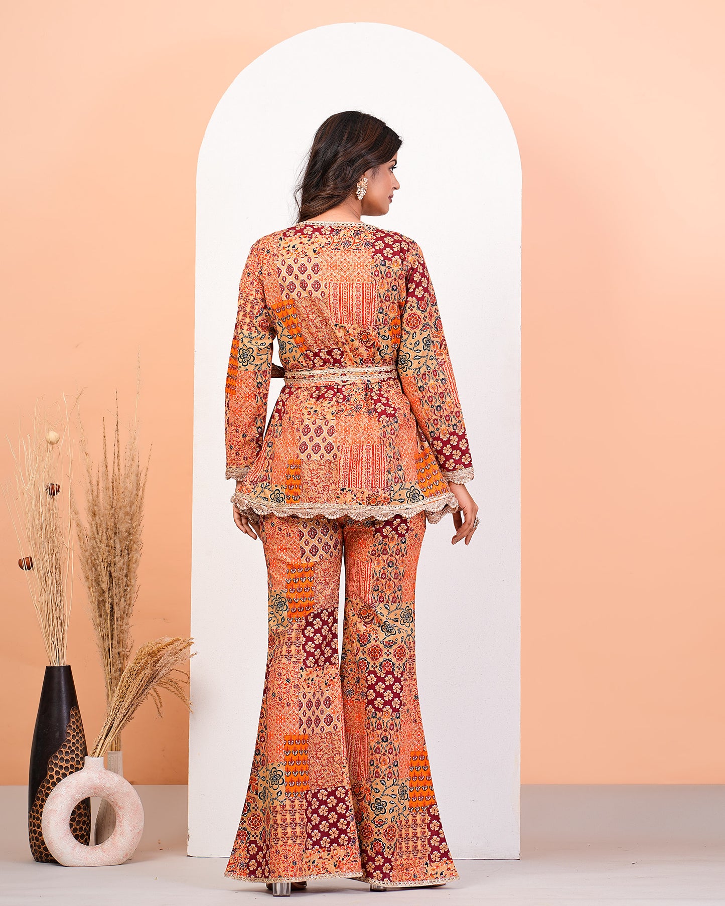 Harissa Red Multi-Printed Front Opening Kurta Pant Belt Set