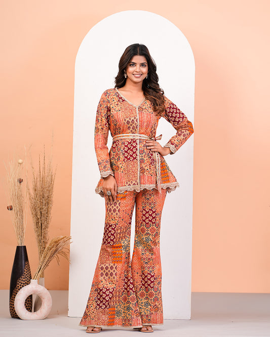 Harissa Red Multi-Printed Front Opening Kurta Pant Belt Set