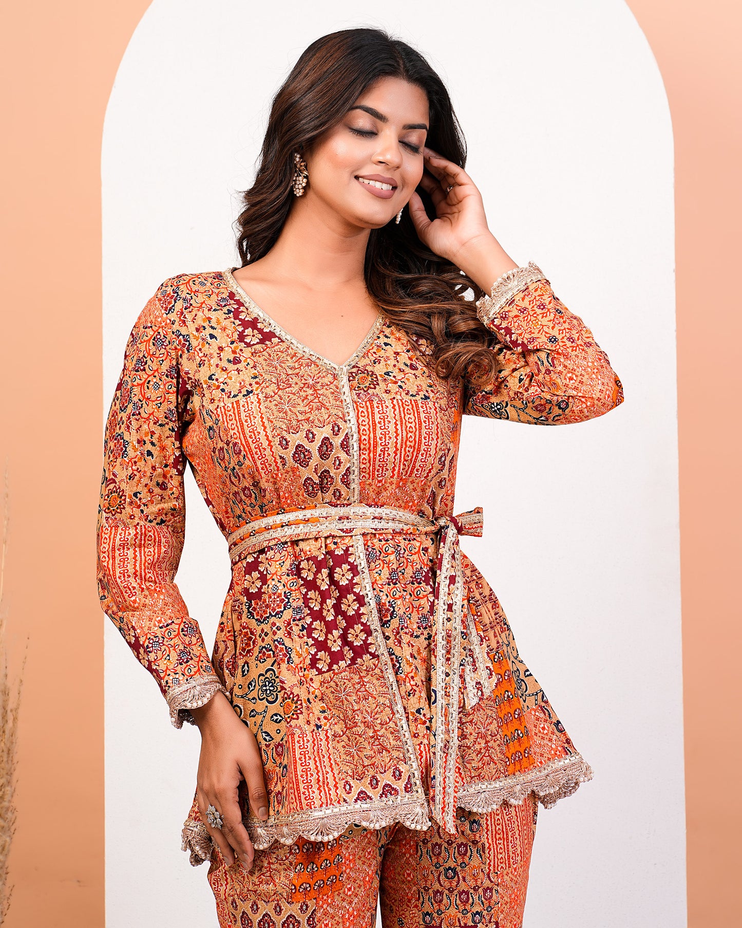 Harissa Red Multi-Printed Front Opening Kurta Pant Belt Set