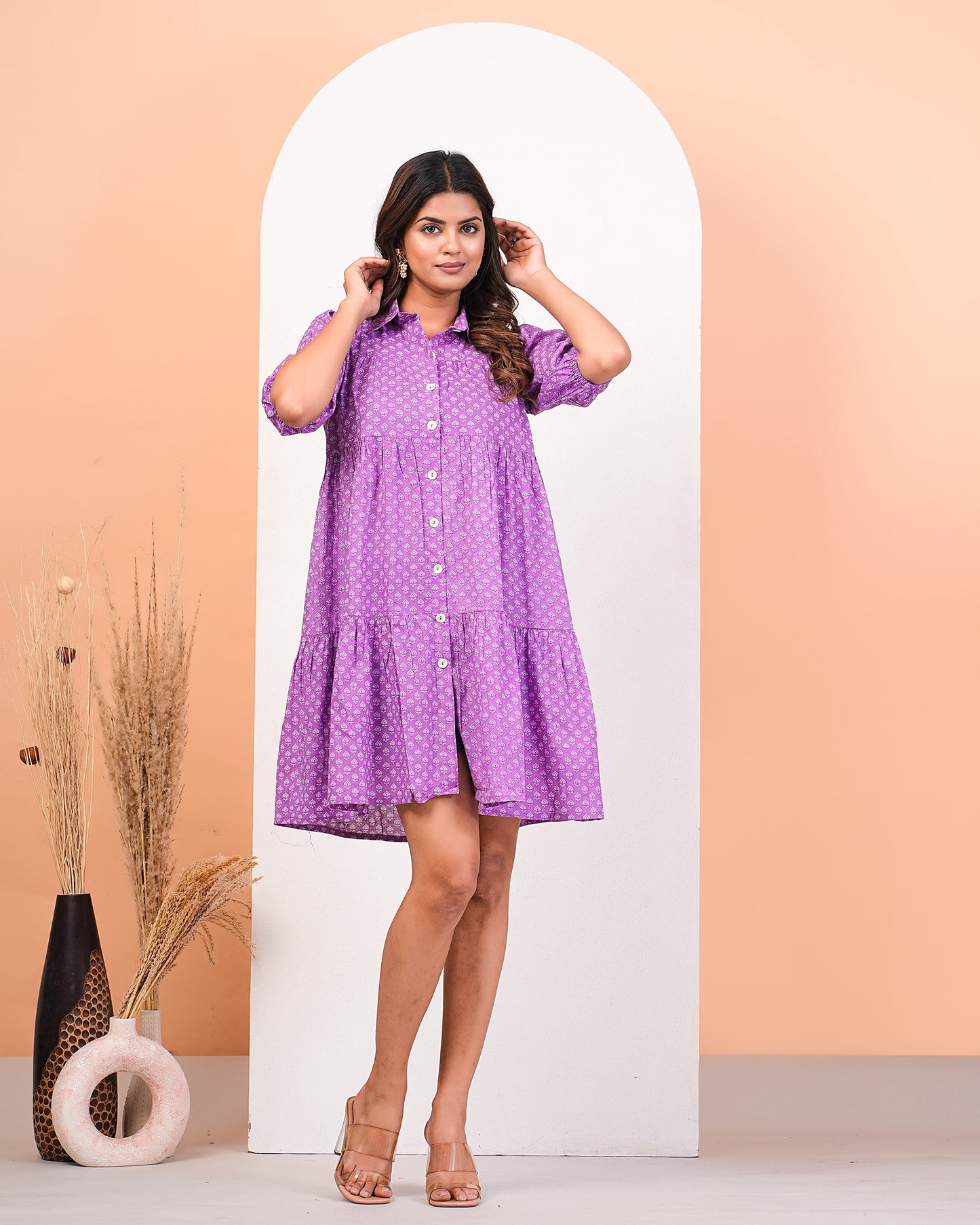 Lavender Pink Lalic Layered Shirt Dress With Shell Buttons