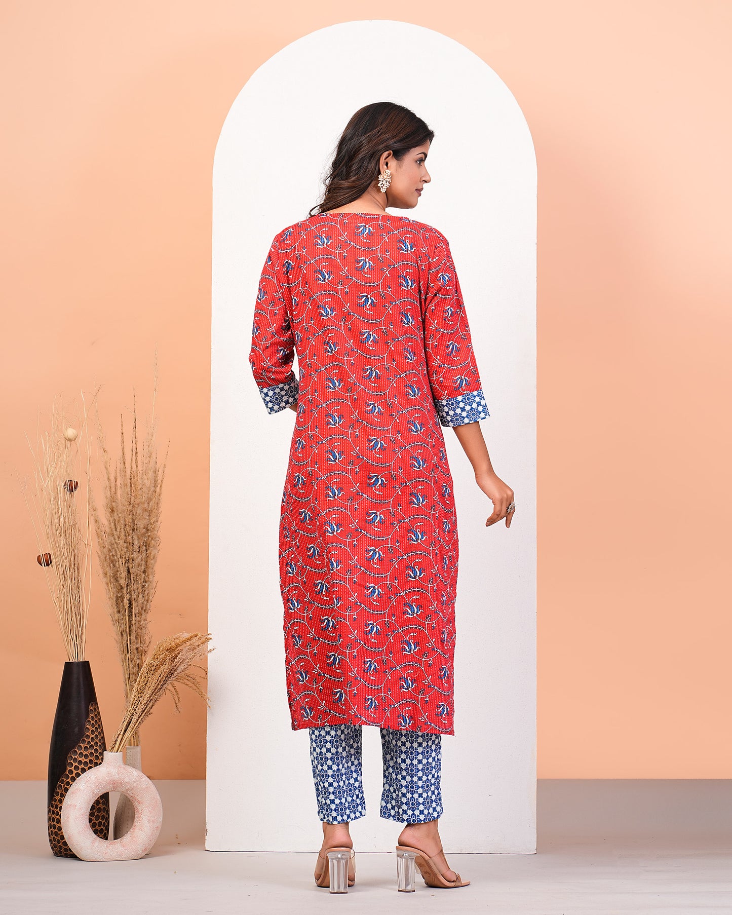 Red Floral Katha Printed Kurta Pant Dupatta Set With Lace Highlight