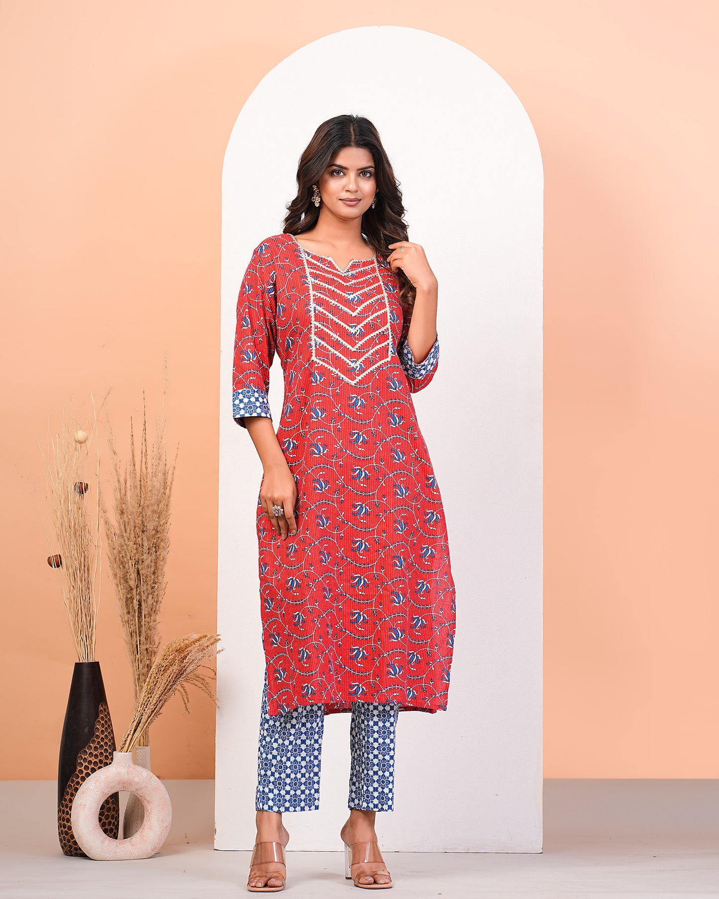 Red Floral Katha Printed Kurta Pant Dupatta Set With Lace Highlight