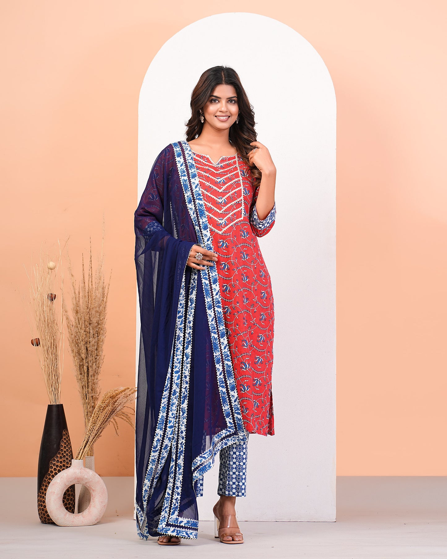Red Floral Katha Printed Kurta Pant Dupatta Set With Lace Highlight