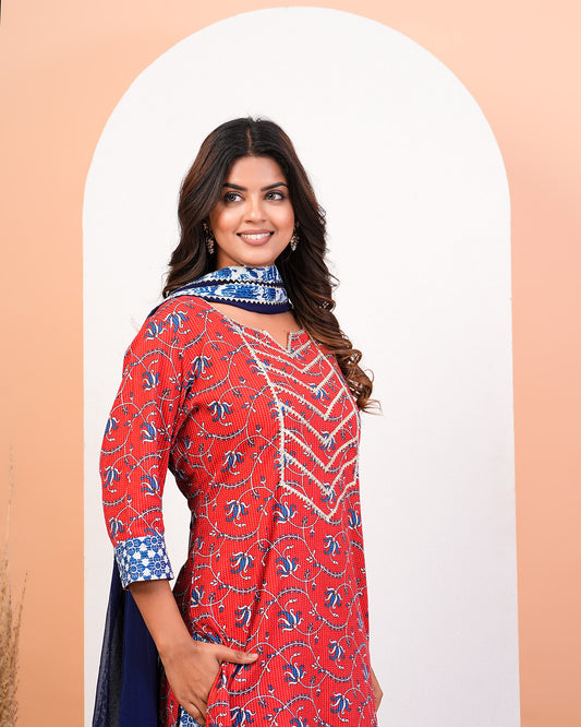 Red Floral Katha Printed Kurta Pant Dupatta Set With Lace Highlight