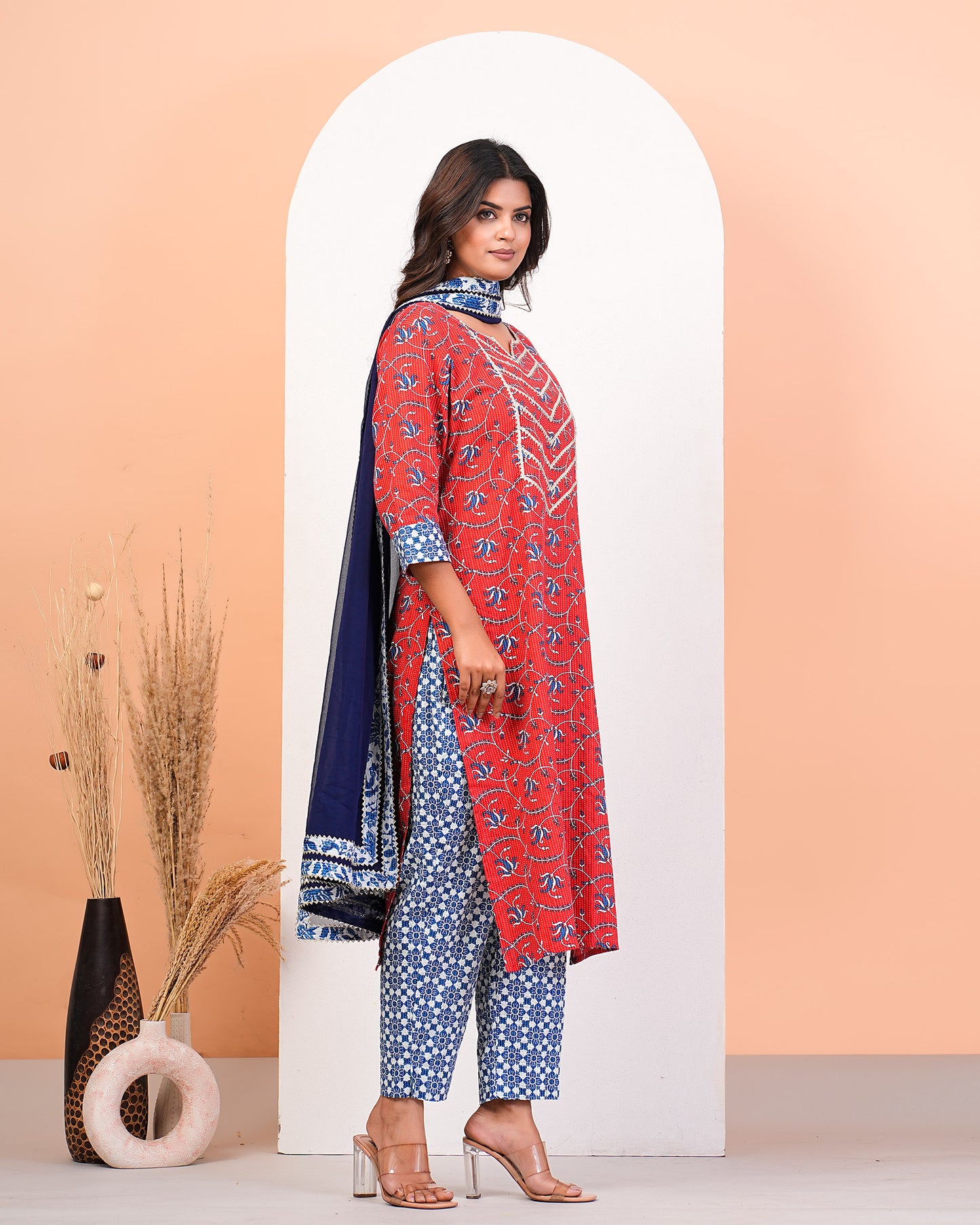 Red Floral Katha Printed Kurta Pant Dupatta Set With Lace Highlight