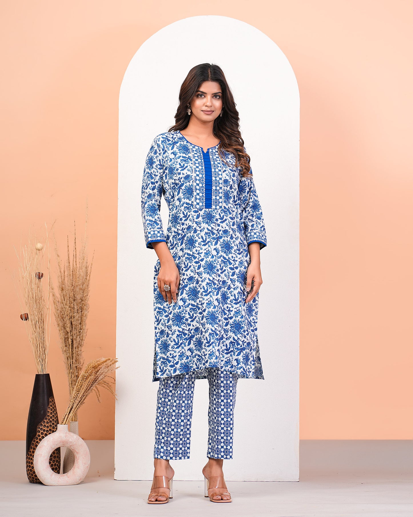 Floral Blue Katha Kurta Pant Dupatta Set With Lace Highlight