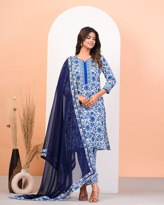 Floral Blue Katha Kurta Pant Dupatta Set With Lace Highlight