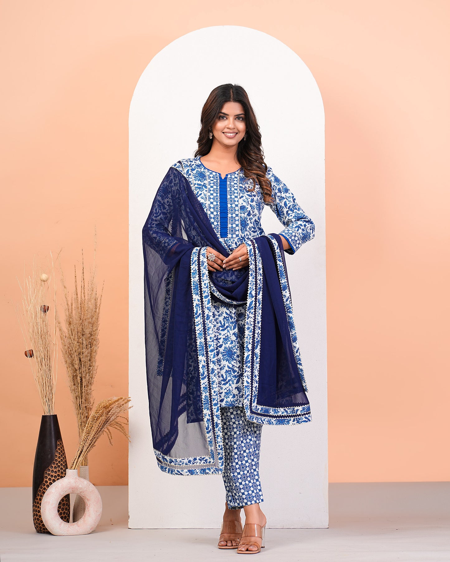 Floral Blue Katha Kurta Pant Dupatta Set With Lace Highlight